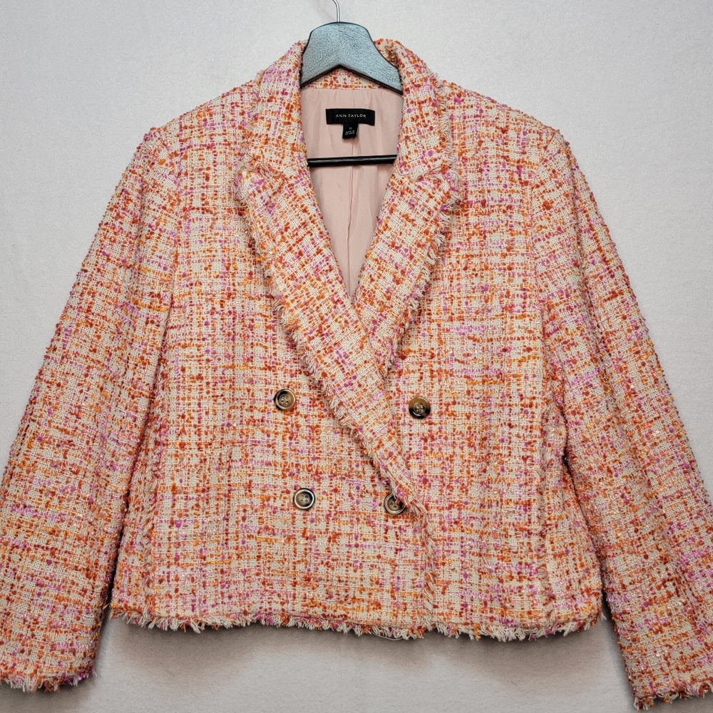 Ann Taylor Pink Tweed‎ Double-Breasted Jacket Size 12